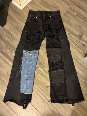 Custom Sewed Levi's Black with Blue Patchwork Distressed Jeans
